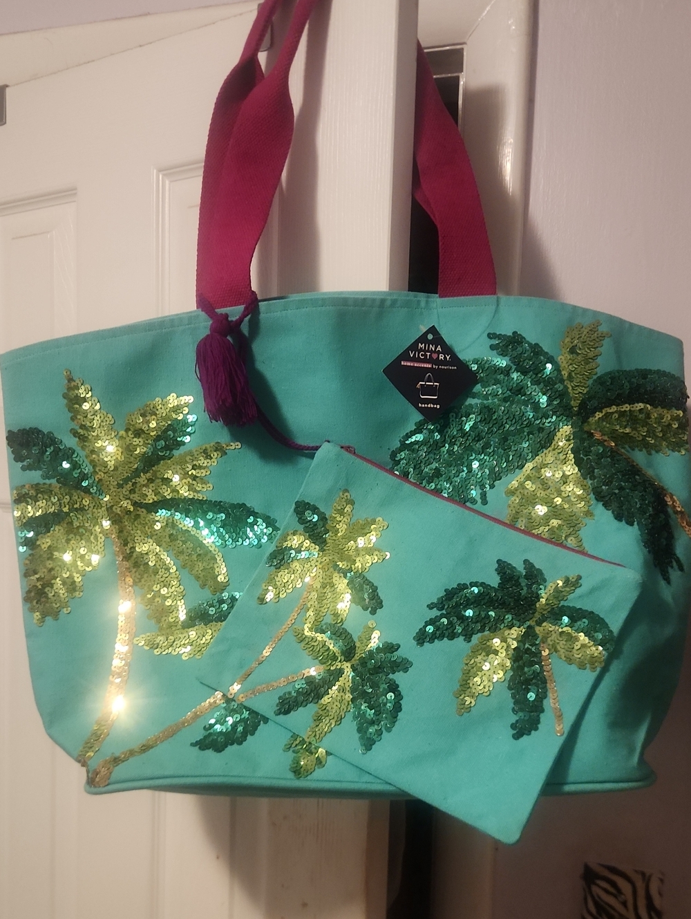 Turquoise Sequin Palm  BEACH BAG Tote with Pouch